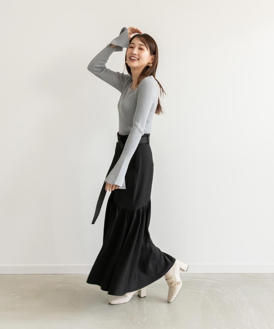 【NEW】ベルト付き裾フレアロングスカート